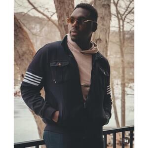 CARBON Large Men's Full Zip Tape Track Jacket‎ Black Pockets Streetwear Moto